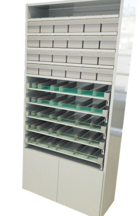 Pharmacy Rack with 24 Pharmacy Bin + 5 Pull Out Tray for Syrup + Bottom Storage with Door