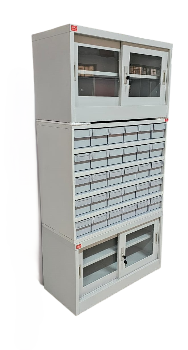Pharmacy Rack in Top Sliding Door + Middle 30 Pharmacy Bin (Each Bin Have Three Compartments) + Bottom Sliding Door