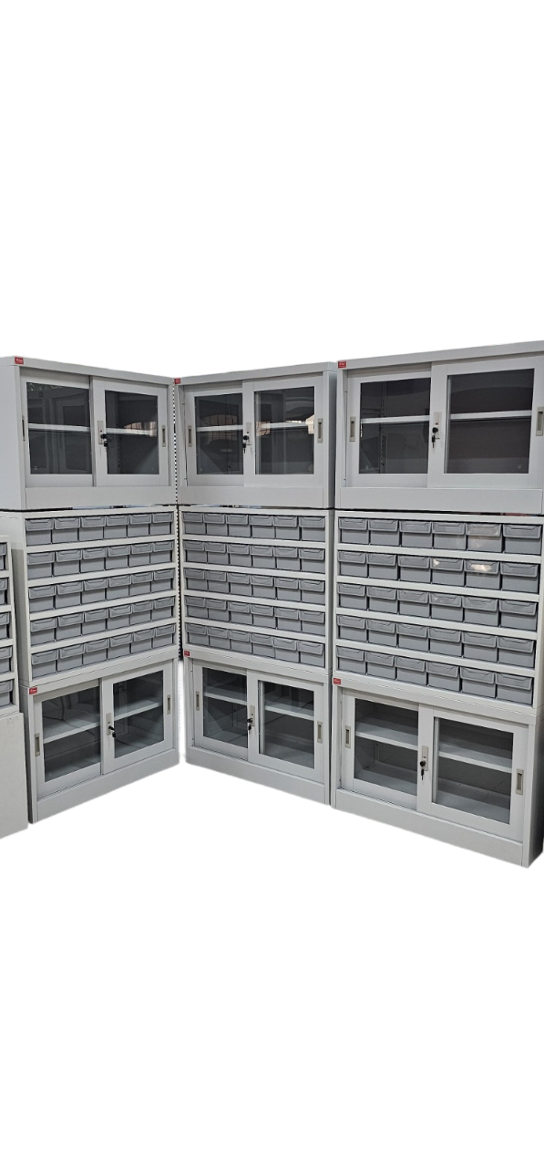 Pharmacy Rack in Top Sliding Door + Middle 30 Pharmacy Bin (Each Bin Have Three Compartments) + Bottom Sliding Door