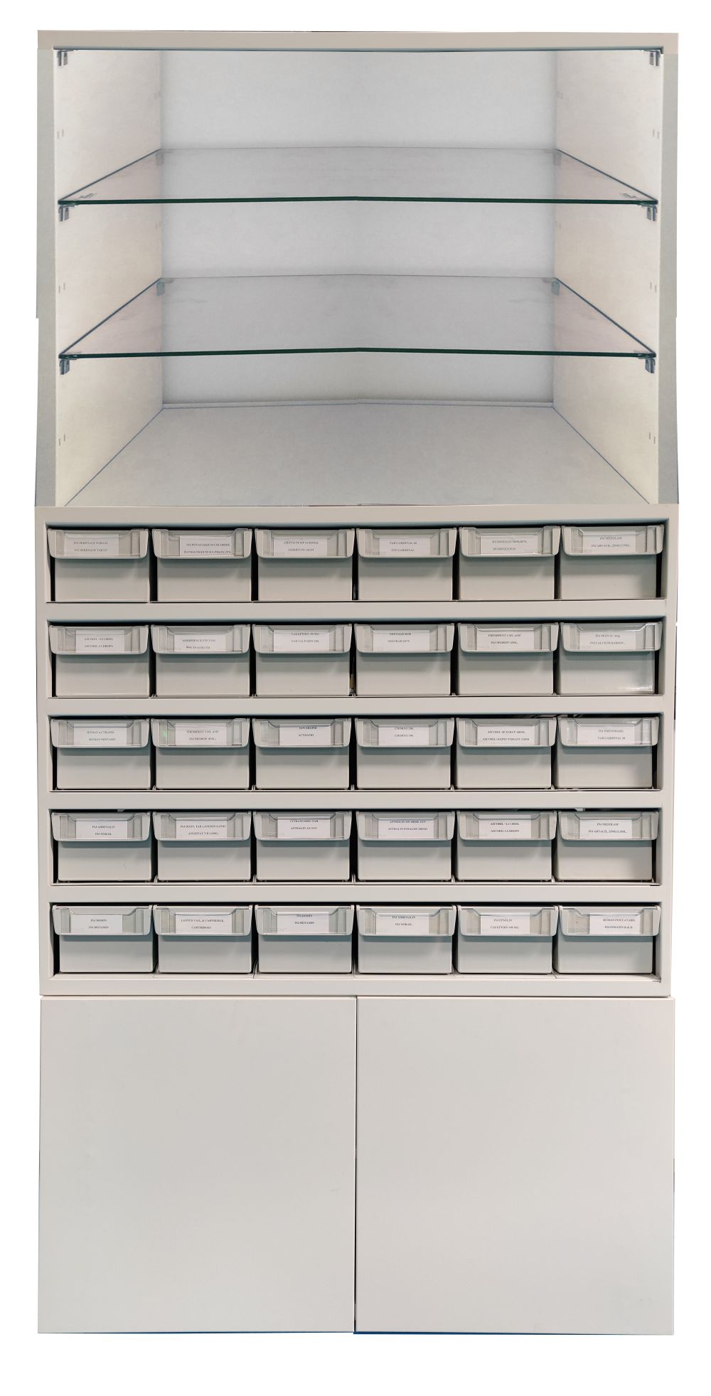 Pharmacy Rack -  Bottom Unit+ 30Bin Rack + Glass rack