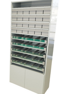 Pharmacy Rack with 24 Pharmacy Bin + 5 Pull Out Tray for Syrup + Bottom Storage with Door
