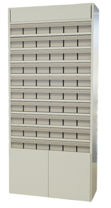 Pharmacy Rack with 60 Pharmacy Bin (Each Bin with Three Compartments) + Bottom Storage with Door